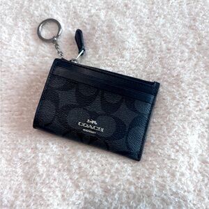 Coach Black Leather Logo Card Holder with Keychain
